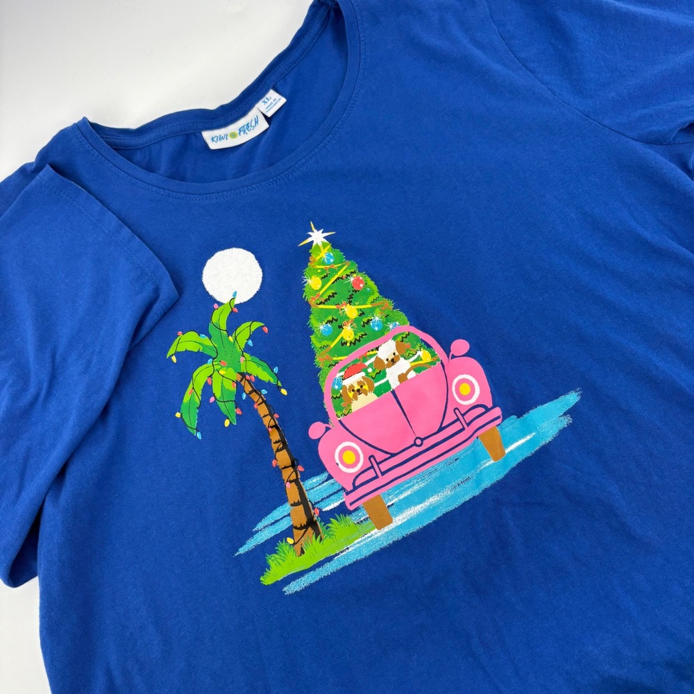 Kiwi Fresh Womens XL Blue Christmas Palm Tree Car Dog Graphic 3/4 Sleeve‎ Top
